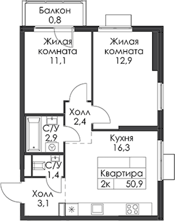 2-комнатная квартира 50.9 м², 23/24 эт., ЖК «Заречный парк»